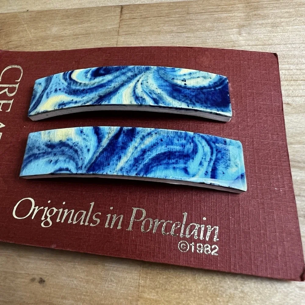 Vintage Pair Porcelain Hair Barrettes Creation 1982 Blue Swirl NEW